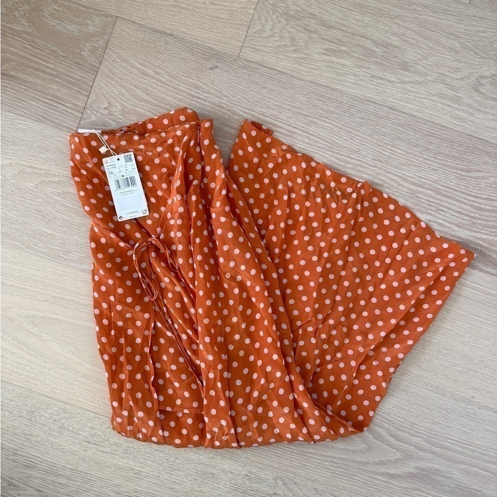 MANGO Orange Pink Polka Dot Viscose Wrap Long Skirt Tie Slit Size XXL